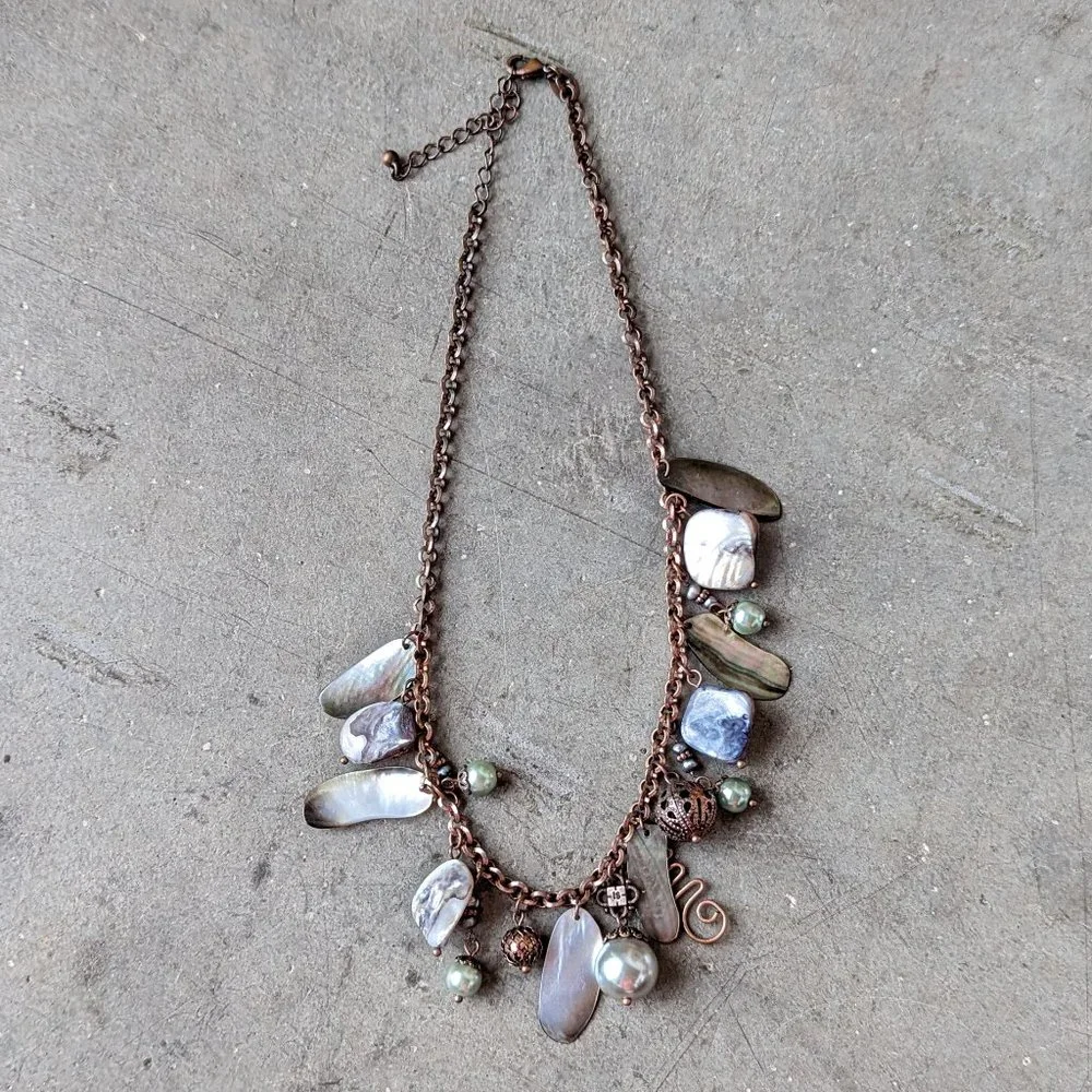 Lia Sophia Gold Broze Mother of Pearl Pendant Statement Necklace